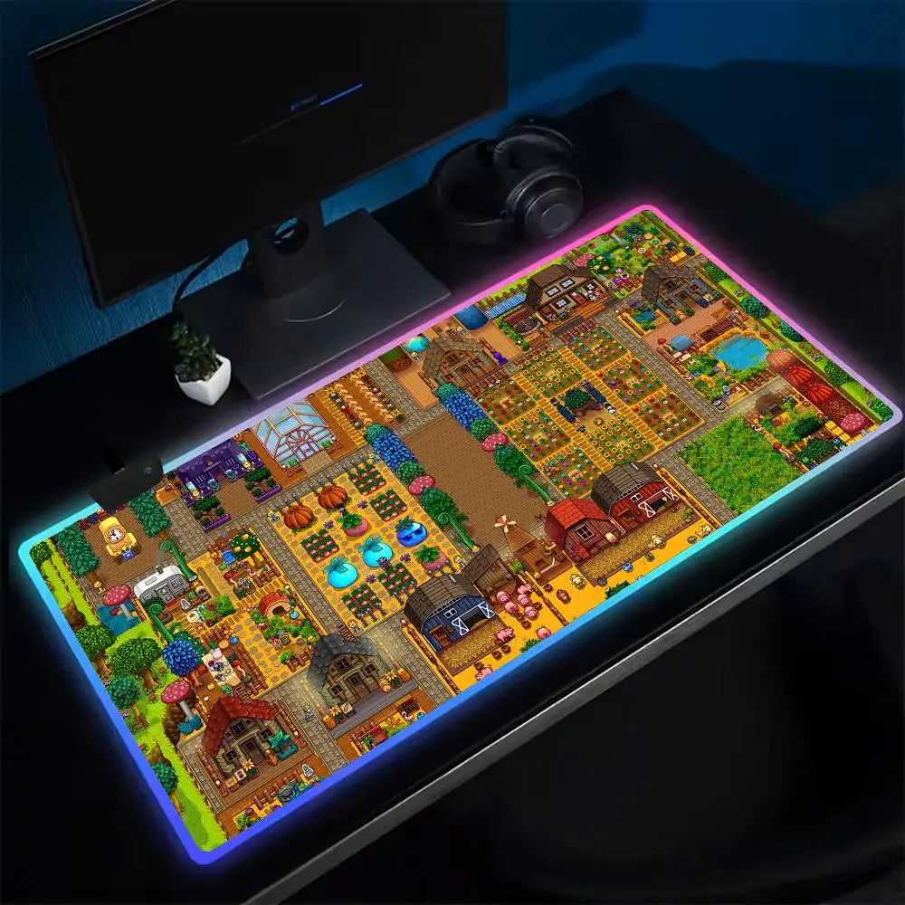 Super Farmer S-STARDEW VALLEY Mouse Pad Anime Gaming Mouse Pad LED Table Pads Backlit Rubber Desktop XXL Mousepad RGB Desk Mats
