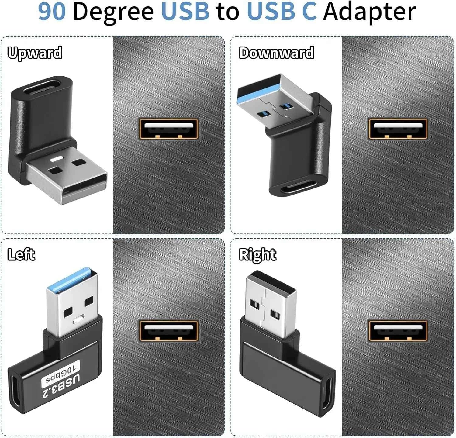 90 Degree USB to USB C Adapter (4 Pack), Up and Down Angle, Left and Right Angle A Male to Type C Female Extender Connector