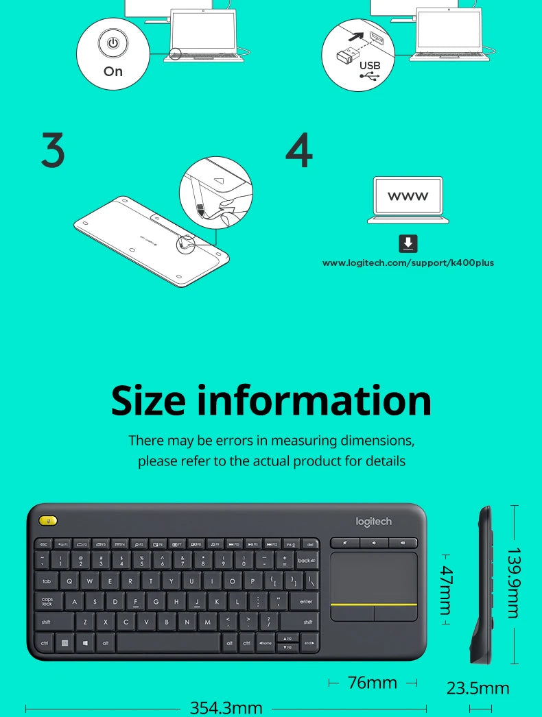 Logitech K400 Plus Wireless Keyboard Touchpad TV Compatible Long Battery Life for Windows Android TV