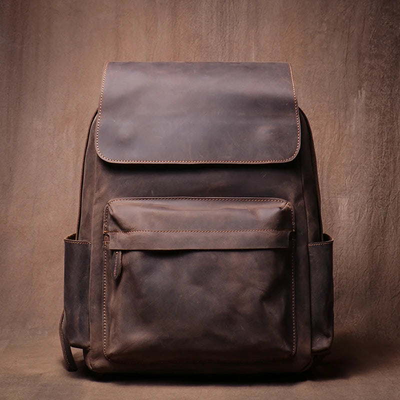 LUOKIR Genuine Leather Laptop Backpack 15 Inch – Vintage Crazy Horse Cowhide Business Travel Backpack for Men, Luxury School Computer Bag