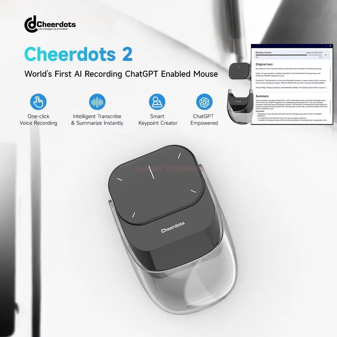 Cheerdots 2 Wireless Controll ChatGpt Detachable Air Mouse Wireless Touchpad All-in-one Pocket AI Recording Enabled Mouse Office