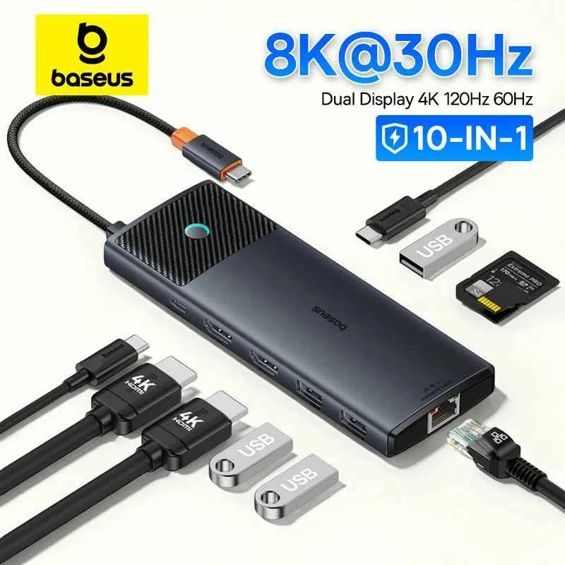 Baseus USB C HUB Dual HDMI 8K 4K Adapter 10-in-1 USB 3.2 10Gbps Splitter with RJ45 SD TF Type C PD 100W for MacBook Pro Air HUB