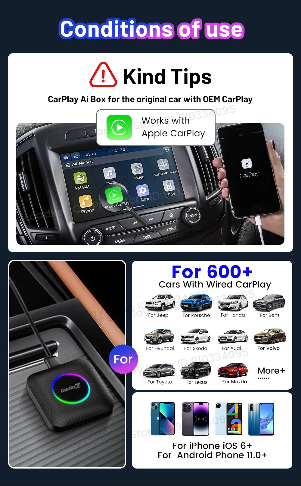 Carlinkit Ai Box Android 13 Led Wireless Android Auto & CarPlay Smart Tv Box QCM6225 Support Youtube Netflix Car Accessories