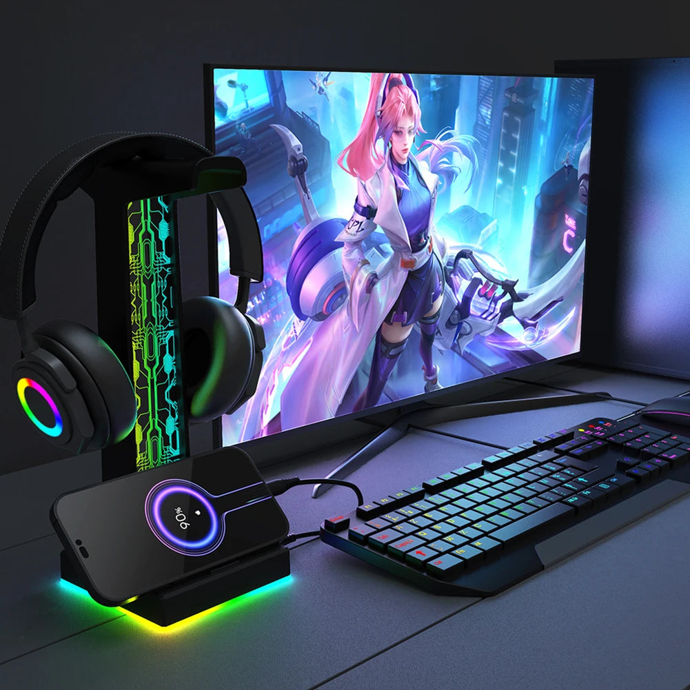 RGB Gaming Headphone Stand 10 Lighting Effects Headphone Stand Holder Rack USB Port 3.5mm Audio Port Desktop Headset Bracket