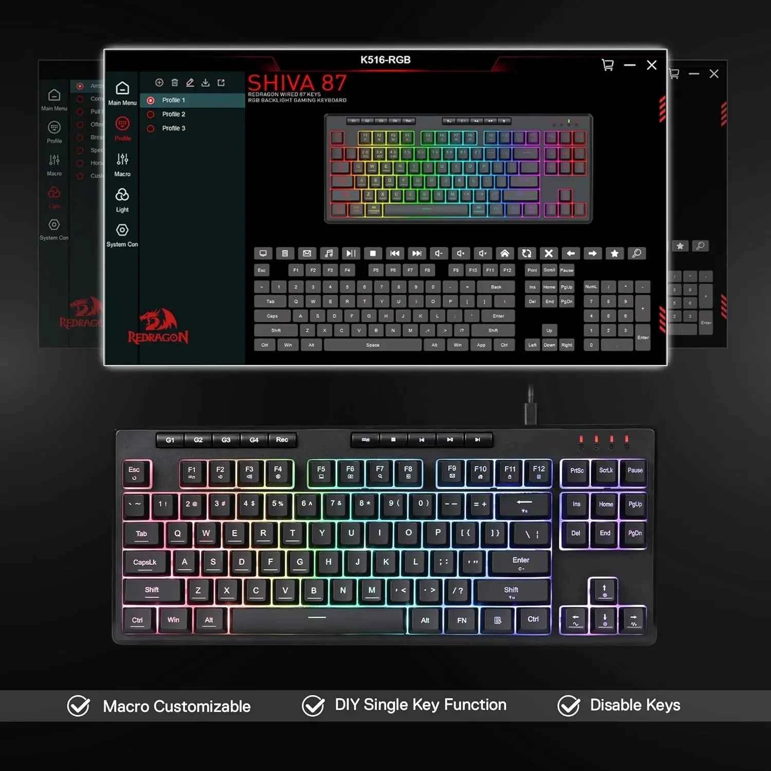 Redragon K516 Shiva TKL Wired RGB Membrane Gaming 87 Keys Mechanical-Feel Keyboard, Smooth Linear Switch