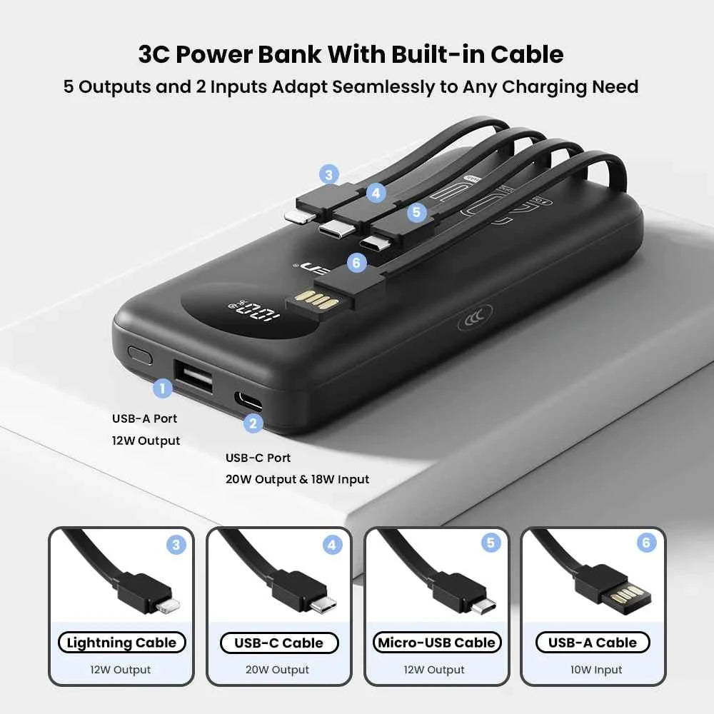 PISEN 3C Certified Power Bank 10000mAh & 20000mAh 20W Fast Charging Powerbank With 4 Built-in Cables For iPhone Samsung Xiaomi