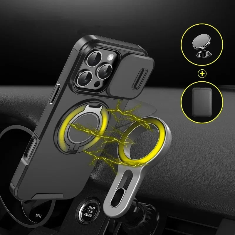 Luxury Heavy-Duty Rugged Armor Magnetic Bracket Case For iPhone 16 15 14 13 12 11 Pro Max Plus Slide Camera Protection PC Cover