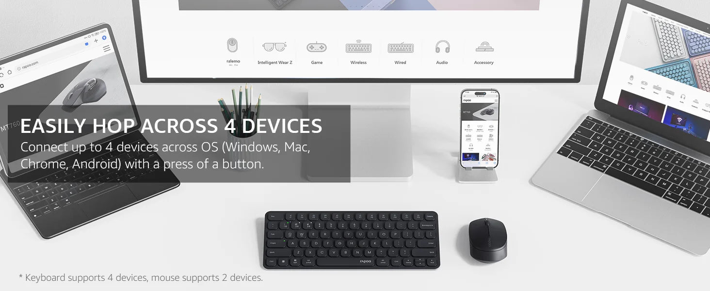 Rapoo 9010M Multi-Device Wireless Bluetooth Keyboard Mouse Set 2.4G/Bluetooth 5.0/4.0 Keyboard and Mouse Combo Support 4 Devices