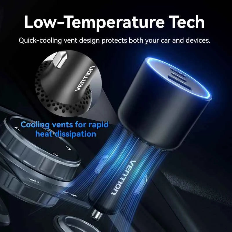 Vention 165W USB C Car Charger 3-Ports PD QC 4.0 45W For Samsung S25 iPhone 17 16 Macbook 100W Fast Charging Adapter With LED