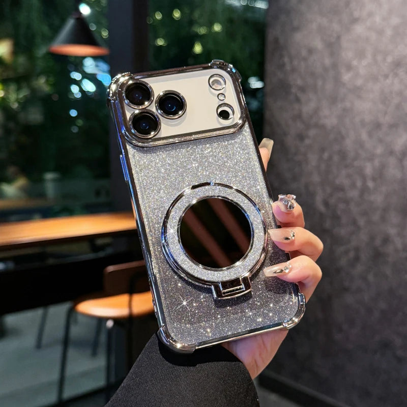 Plating Four Corner Shockproof Gradient Glitter TPU Makeup Mirror Holder Phone Case For iPhone 17 Pro Max/17/17 Pro Bumper Cover