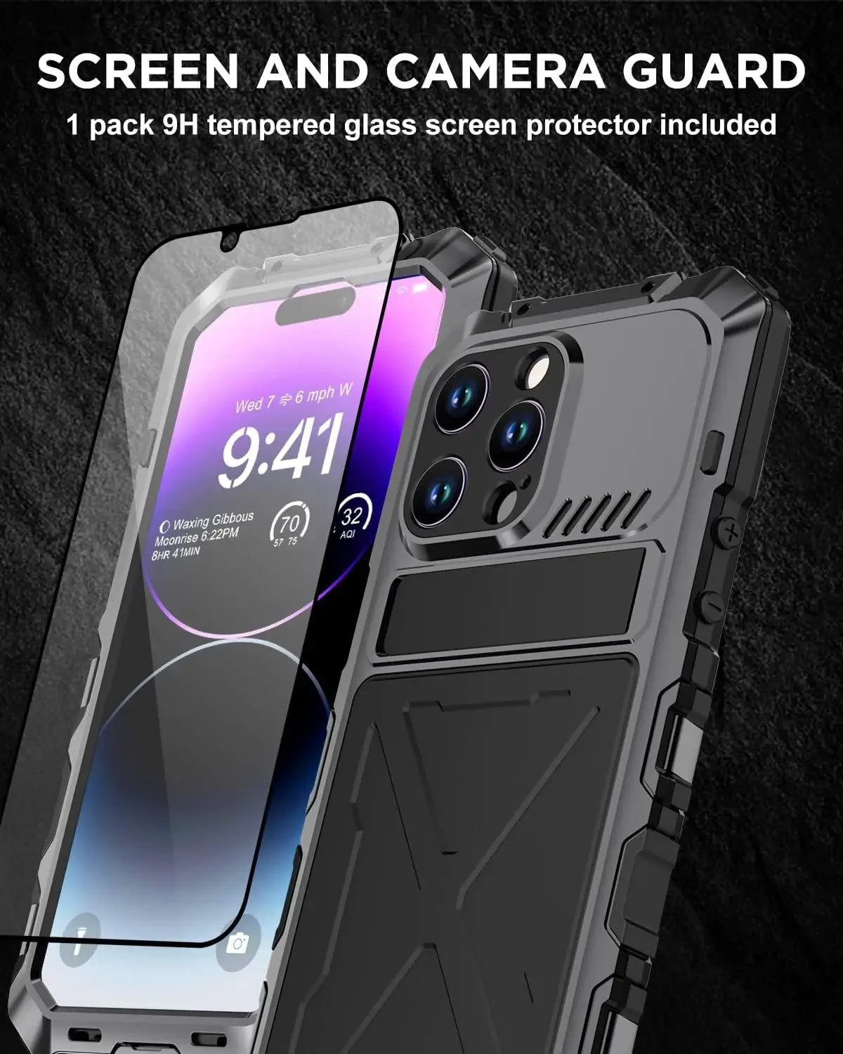 for iPhone 15 14 Pro Max Case Metal Military-Grade Built-in Kickstand & 9H Screen Protector Protective Rugged Heavy Duty Case