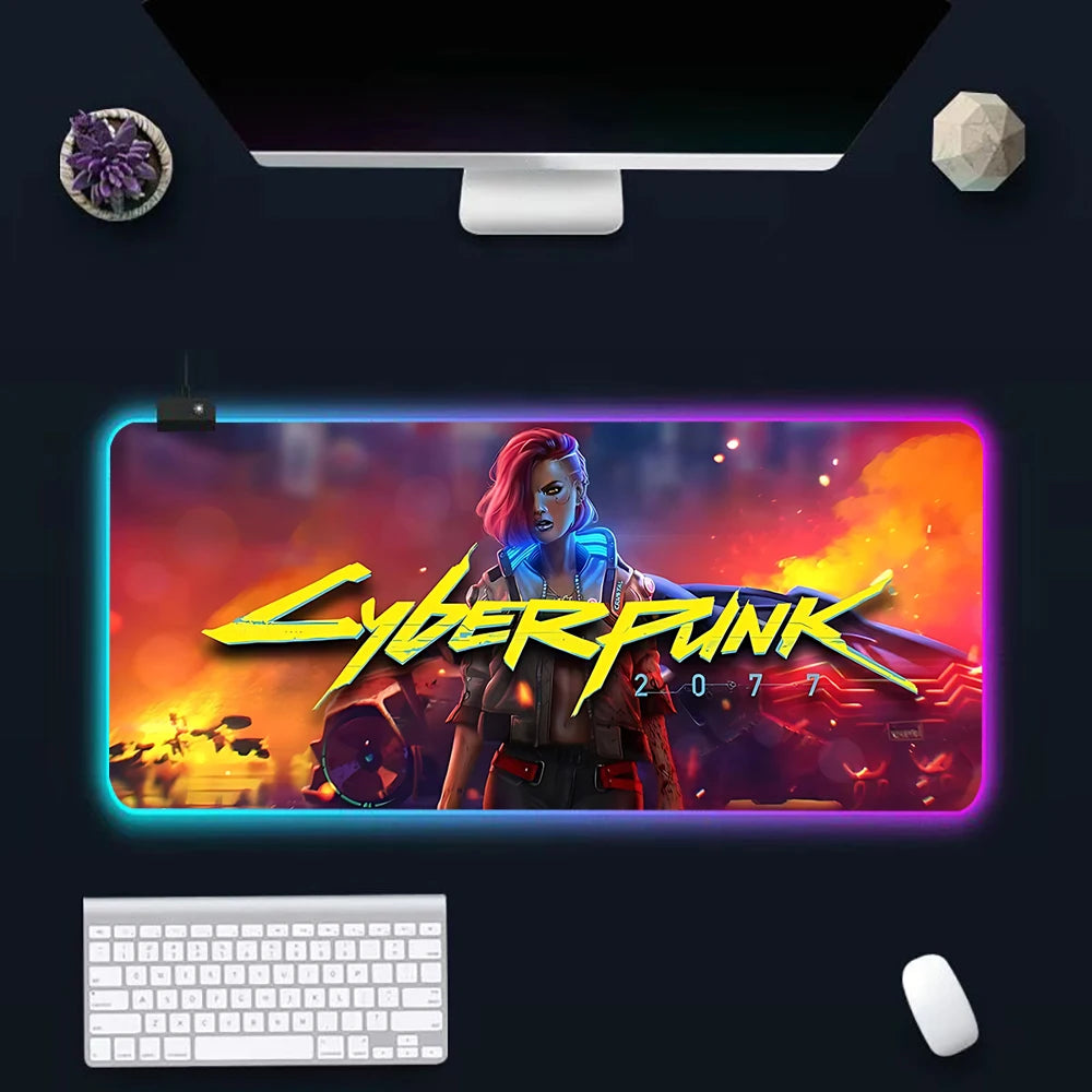 Hot Cyberpunk Sci-Fi Games RGB Pc Gamer Keyboard Mouse Pad Mousepad LED Glowing Mouse Mats Rubber Gaming Computer Mausepad