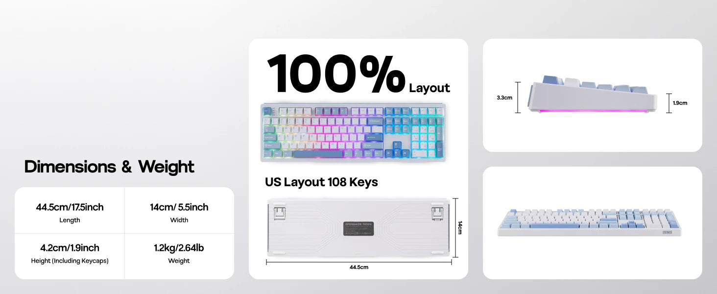 EPOMAKER TH108 100% Full Size Gasket Wired/BT/2.4Ghz Wireless NKRO Mechanical Gaming Keyboard 10000mAh Battery RGB Backlit