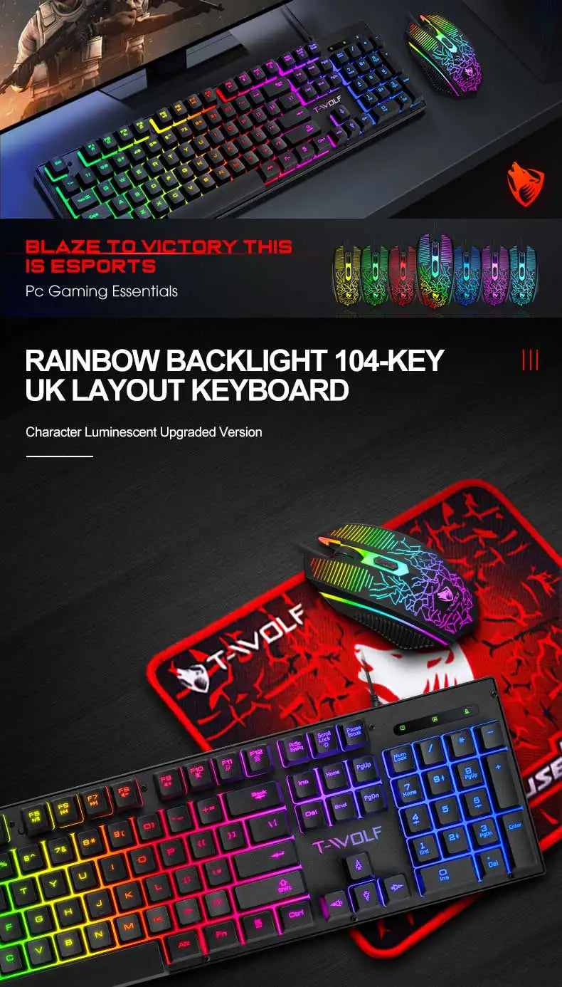 Electronic Sports Set  3 In 1 Wired Backlit Keyboard Gaming Mechanic Kit Waterproof Luminous 104 Key Keyboard Mouse Set 2025 NEW