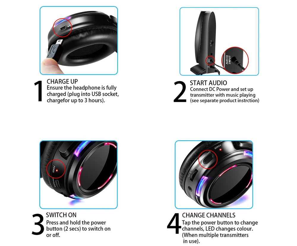 Silent Disco Professional System Over Head Led Wireless Headphones - Quiet Clubbing Party Bundle (20 RX+ 1 TX)