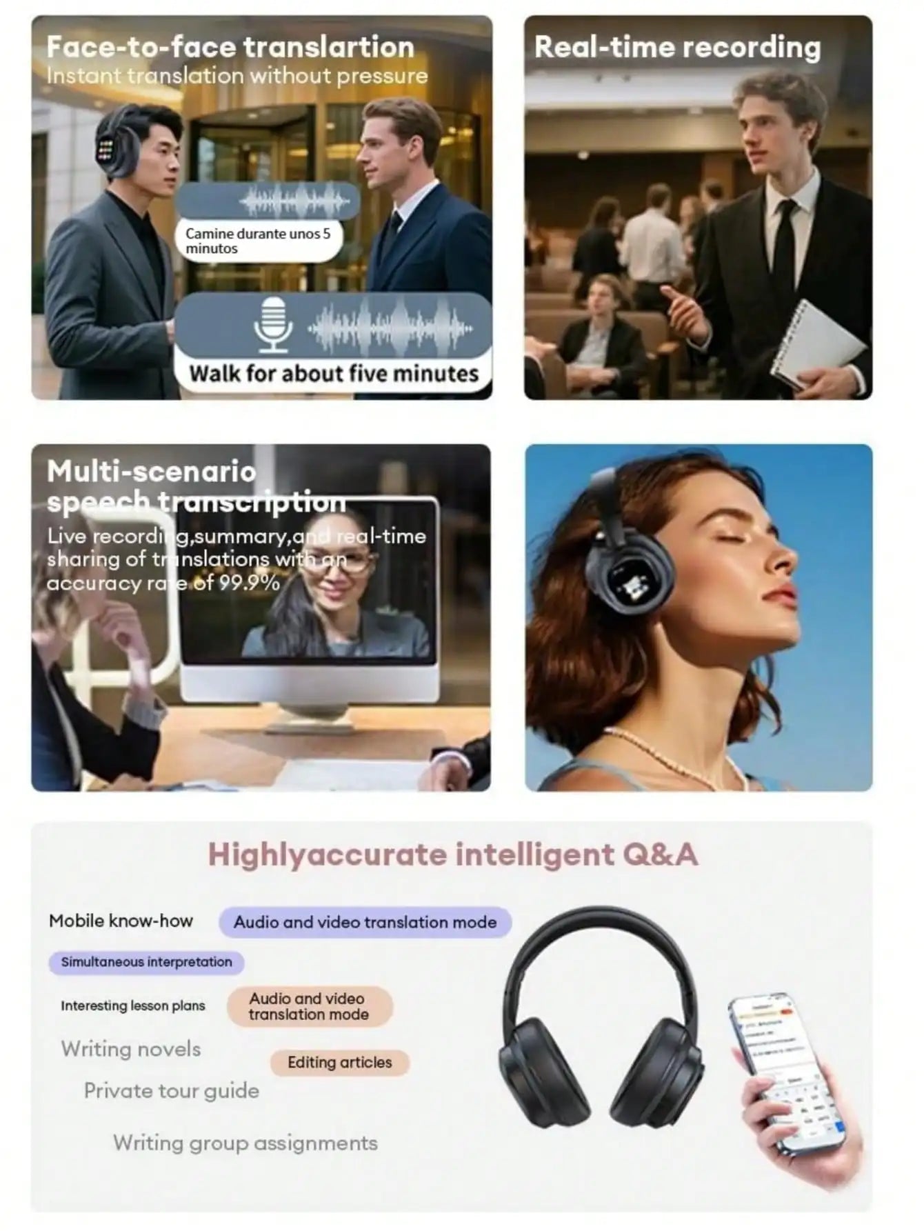 AI Translation Wireless Headphones, Magnetic LCD Touch Screen, Foldable Retractable Design, Real-time 115 Languages Translation, BT6.0, Multi-functions for Photo, Flashlight, Alarm & Voice Recording, AUX Wired Supported