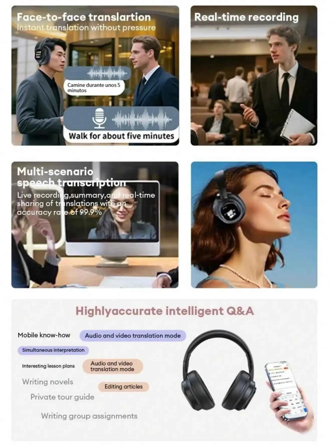 AI Translation Wireless Headphones, Magnetic LCD Touch Screen, Foldable Retractable Design, Real-time 115 Languages Translation, BT6.0, Multi-functions for Photo, Flashlight, Alarm & Voice Recording, AUX Wired Supported