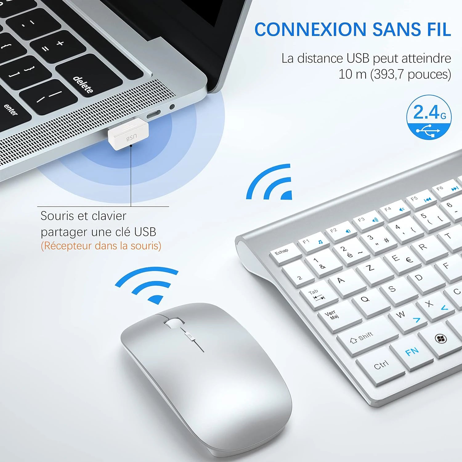 Wireless French Keyboard and Mouse Combo AZERTY Layout 2.4G USB Silent Ultra-Thin Compact Scissor for PC Laptop Desktop Windows