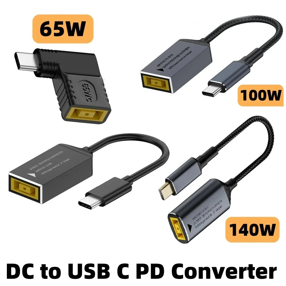 65W 100W 140W USB C Fast Charging Cable for Lenovo Laptop Charger DC Jack Square Plug To Type-C 5V/9V/20V PD Adapter Converter