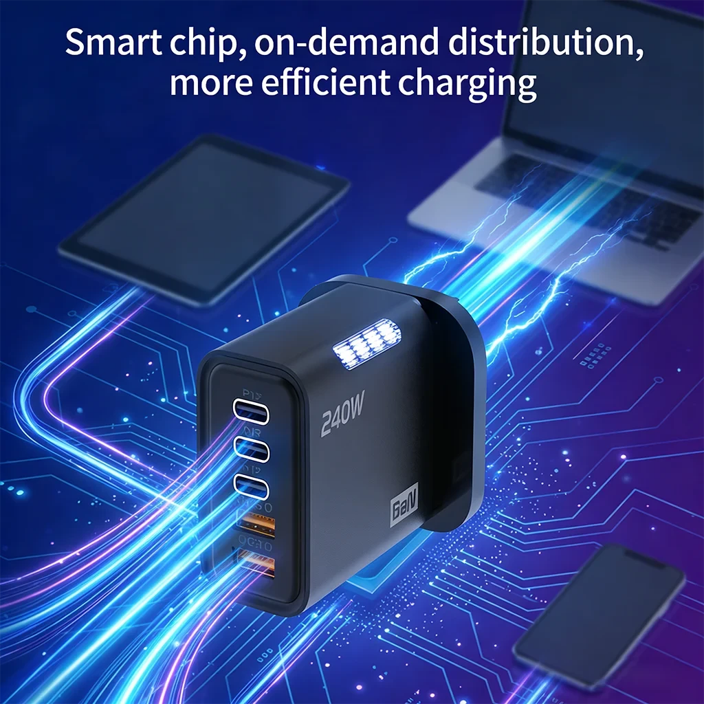 240W GaN Charger 5-in-1 3USB-C PD and 2USB-A QC3.0 Fast Charging for iPhone 16 17 Samsung S25 S24 Xiaomi 15 16 17 Huawei Mate