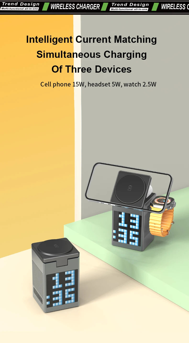 Qi2 3 in 1 Wireless Charger With Bluetooth Speaker For iPhone 17 16 15 14 13 12 Fast Charging Station For Apple Watch 10 9 8 7 6