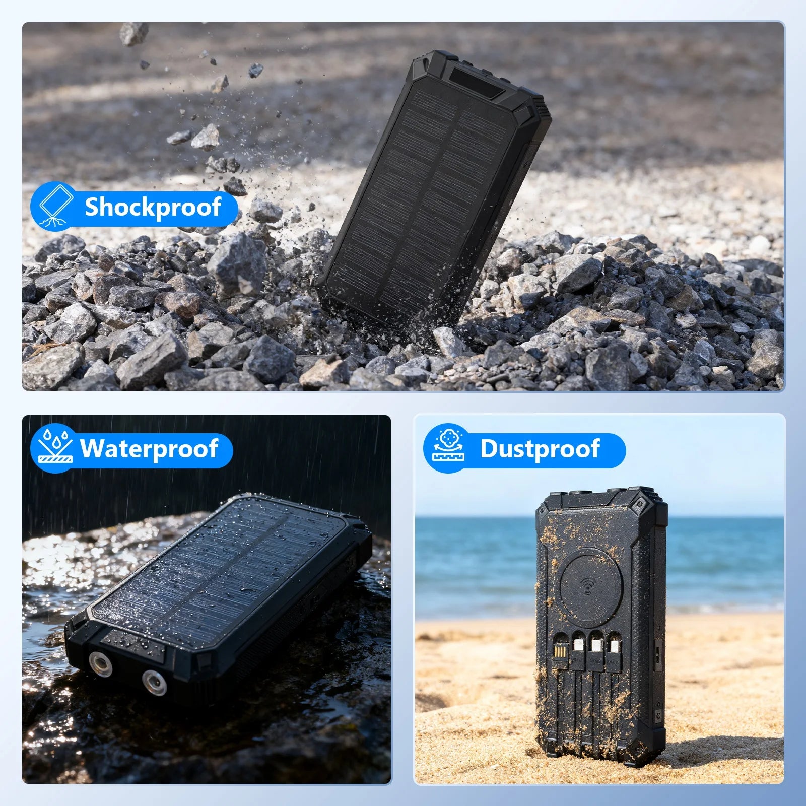 20000mAh Portable Solar Power Bank Wireless Charging 18W Dual LED Lights 4 Built-in Charging for iPhone Android Phones AirPods