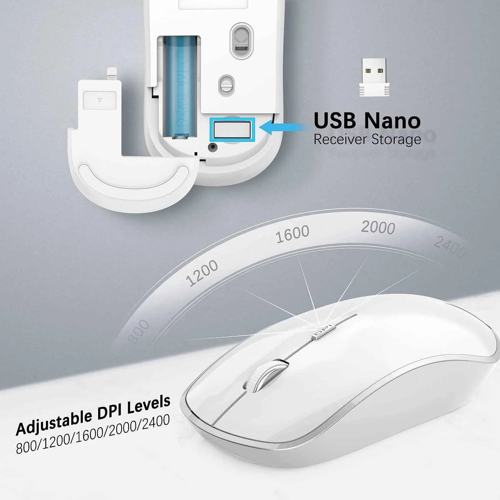 Wireless Keyboard Mouse Combo,U.S. Layout,2.4G USB Compact and Convenient, Slim, Portable Ergonomic, Silver White