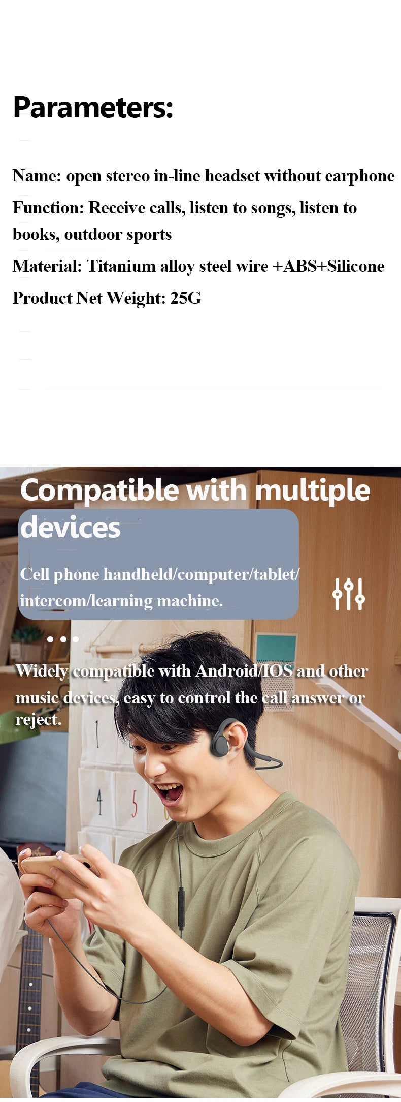 Open Ear Air Conduction Headphones 3.5mm Wired Stereo Not in Ear Music Headset Ultra Light with Microphone for IOS Andriod Phone