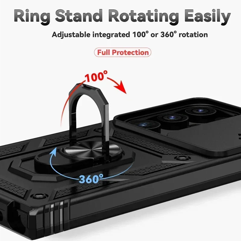 Slide Camera Lens Military Grade Armor Case For Samsung Galaxy S25 Ultra Plus S24FE A16 A06 A26 A36 A56 Holder Ring Stand 2026