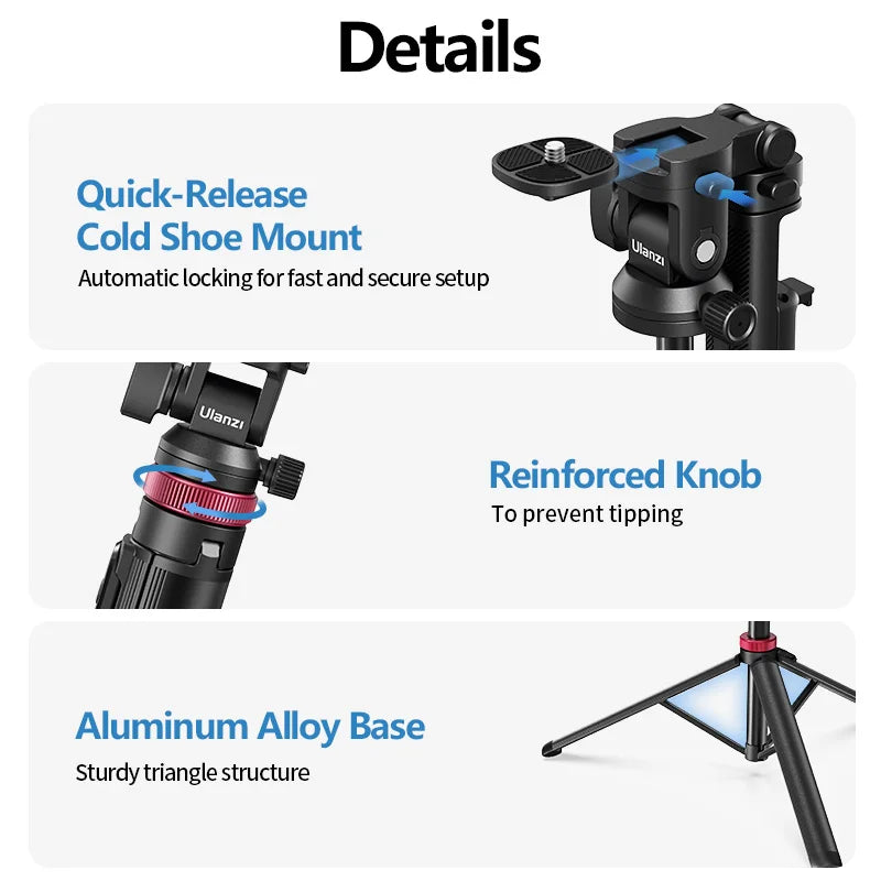 Ulanzi MT-78 1.85M Quick Release Tripod with Remote Phone Holder Cold Shoe Mount 1/4'' for Phone Camera Video Light Flash Mic