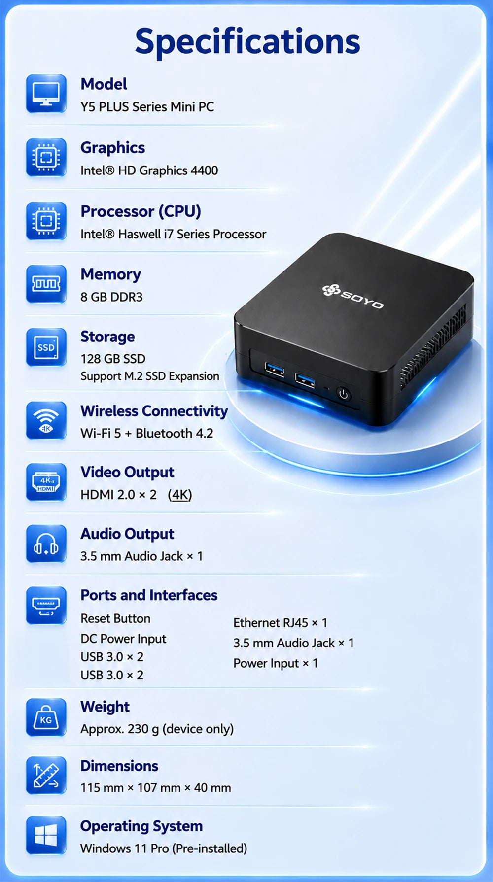 SOYO Mini PC Y5 PLUS Intel I7 4th Gen 8GB RAM 128GB Y5 Air I5 4th GenWindows 11 Pro WiFi BT4.2 Office Desktop Computer HDMI*2 RJ45*1 USB3.0*4 3.3GHZ 4K 60fps Graphics