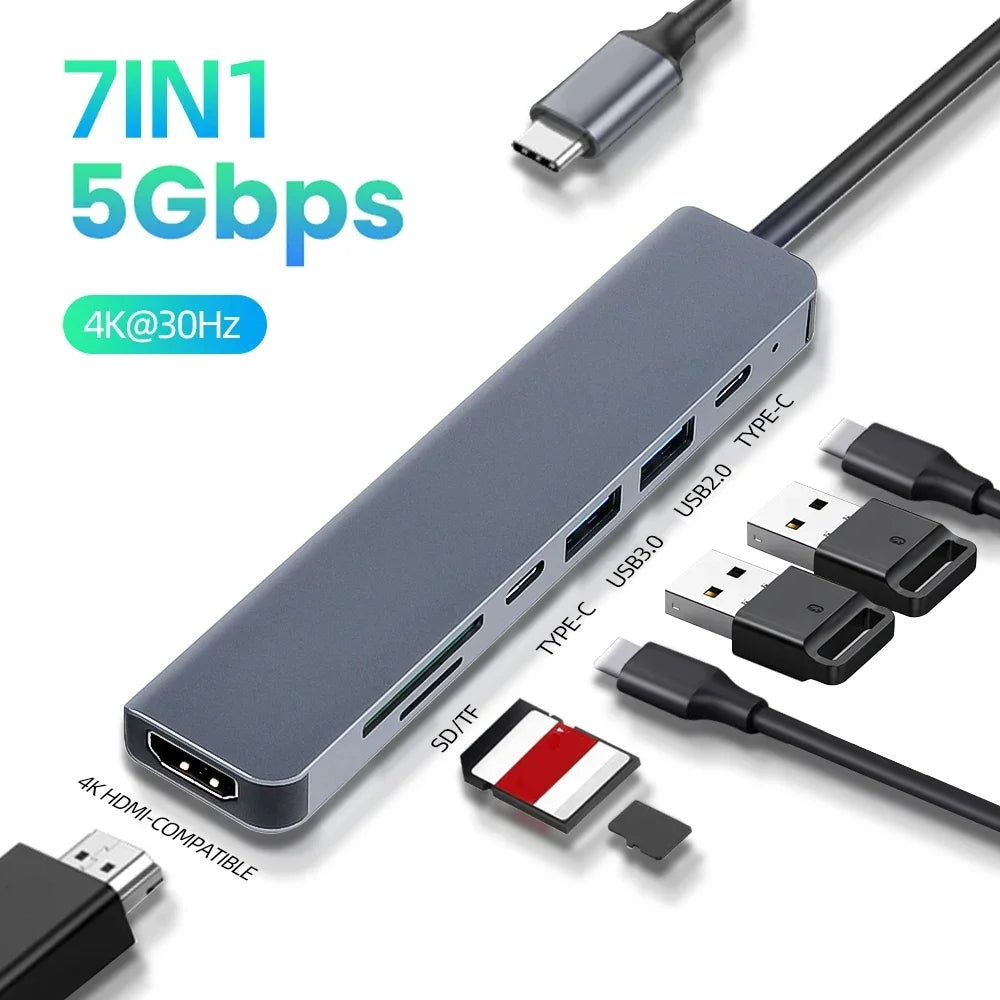 USB C Hub 7 in 1 HDMI 4K Type C Adapter OTG Thunderbolt 3 Dock PD TF SD Macbook iPad XPS Surface Laptop Compatibility