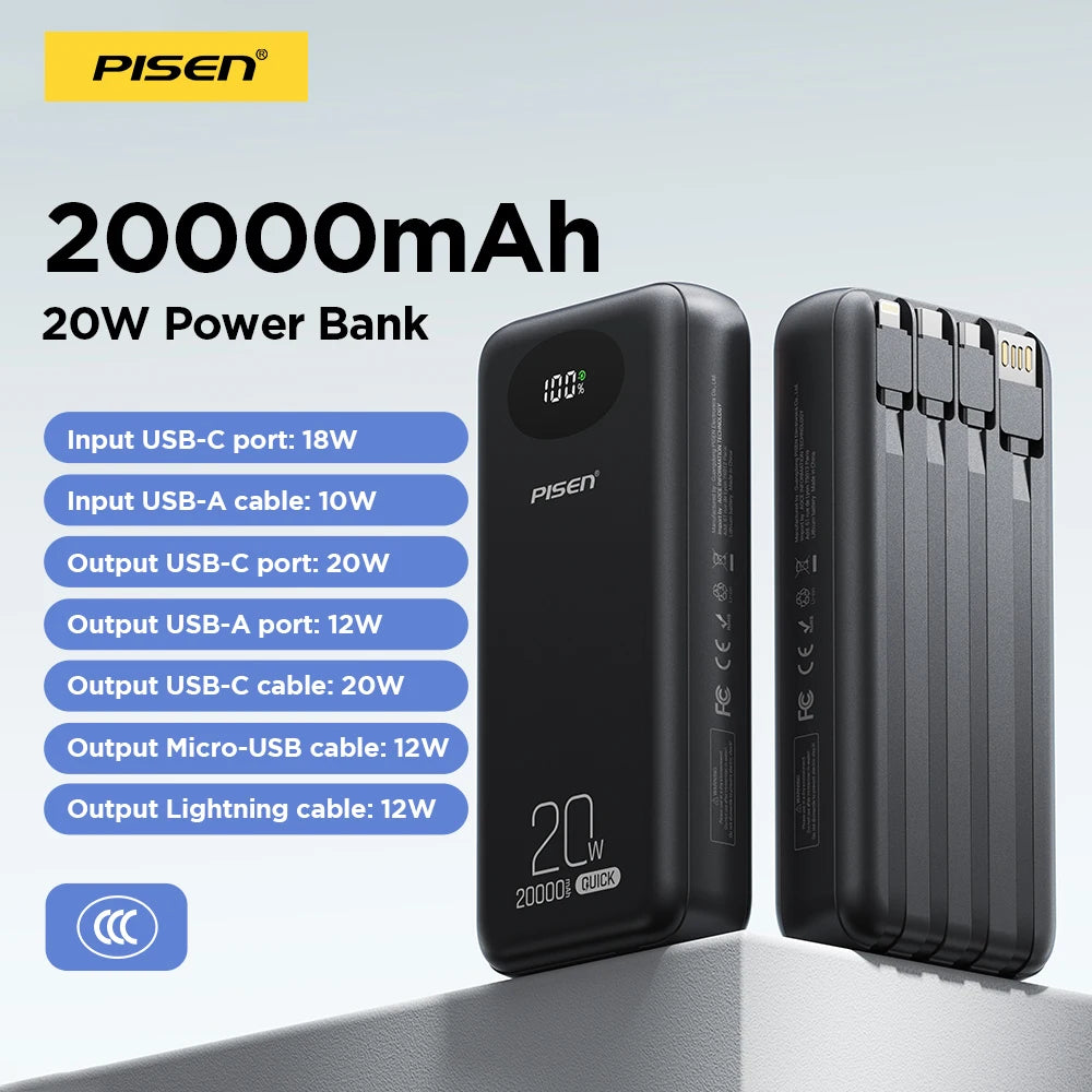 PISEN 3C Certified Power Bank 10000mAh & 20000mAh 20W Fast Charging Powerbank With 4 Built-in Cables For iPhone Samsung Xiaomi
