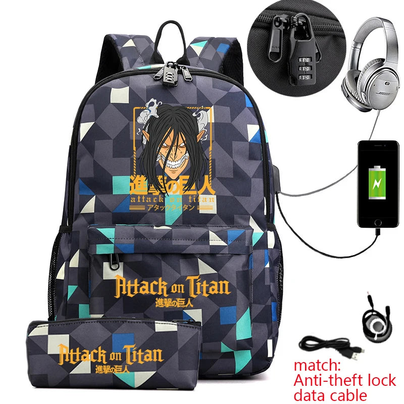 Attack on Titan Anime Print School Backpack Anti-Theft Laptop Bag for Boys Girls with Pencil Case