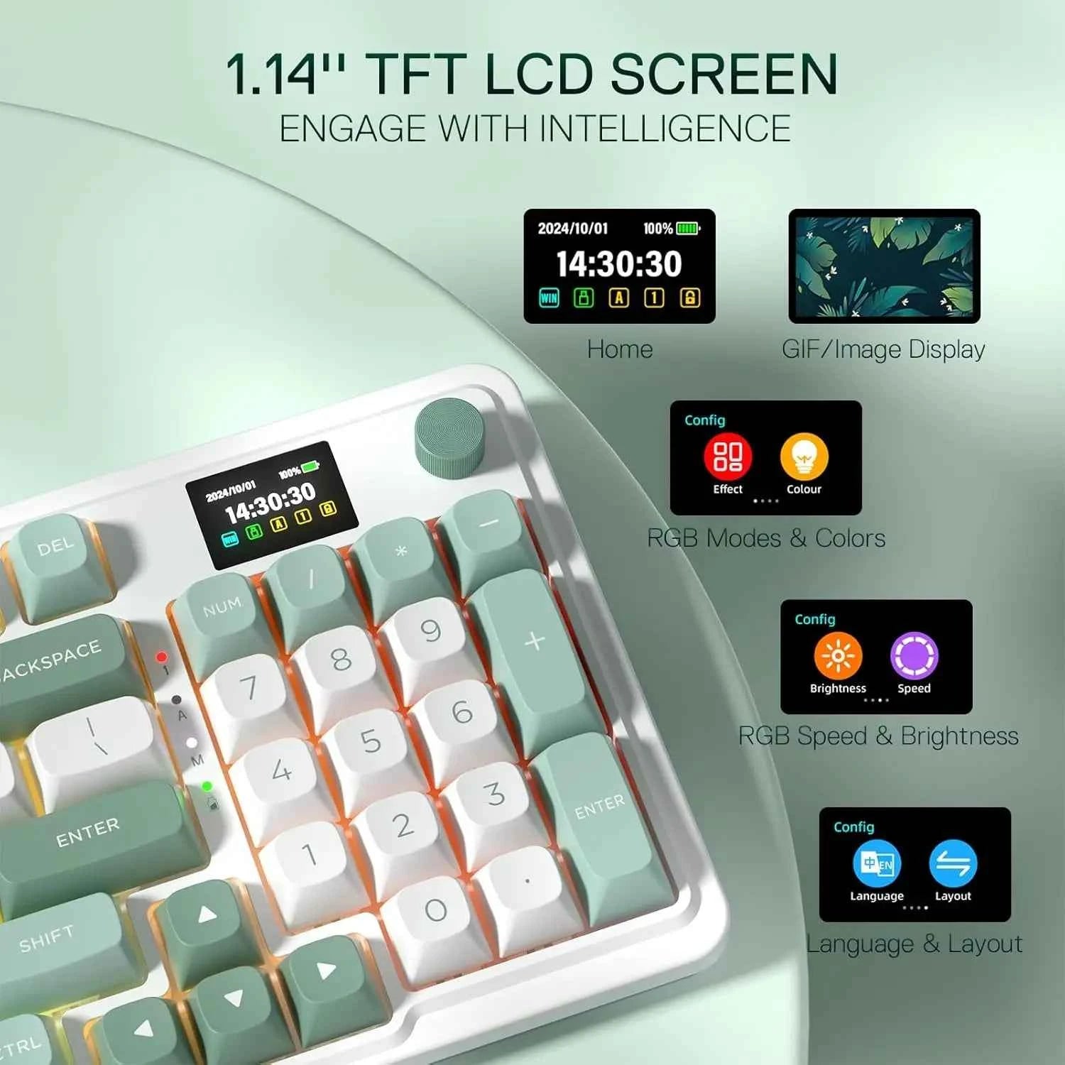 Redragon K719 Wireless Gasket Gaming 95 Keys Mechanical Keyboard,Easy-Control 1.14’’ TFT Info Display,Mint Mambo Switches