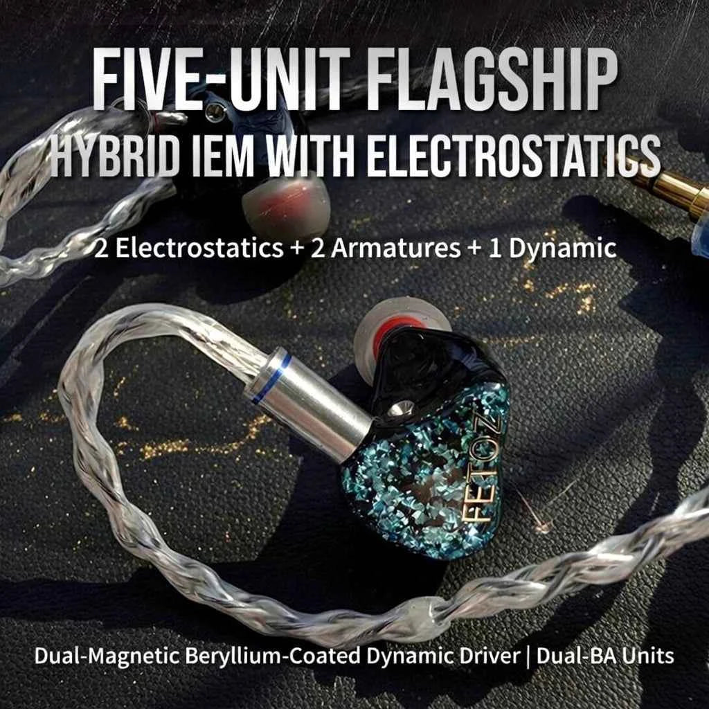 FETOZ 1DD+2BA+2EST Electrostatic Headphones Hybrid 2Pin0.78mm Audiophile In-ear Earphone 3.5mm/4.4mm/typec HiFi Wired Headphones