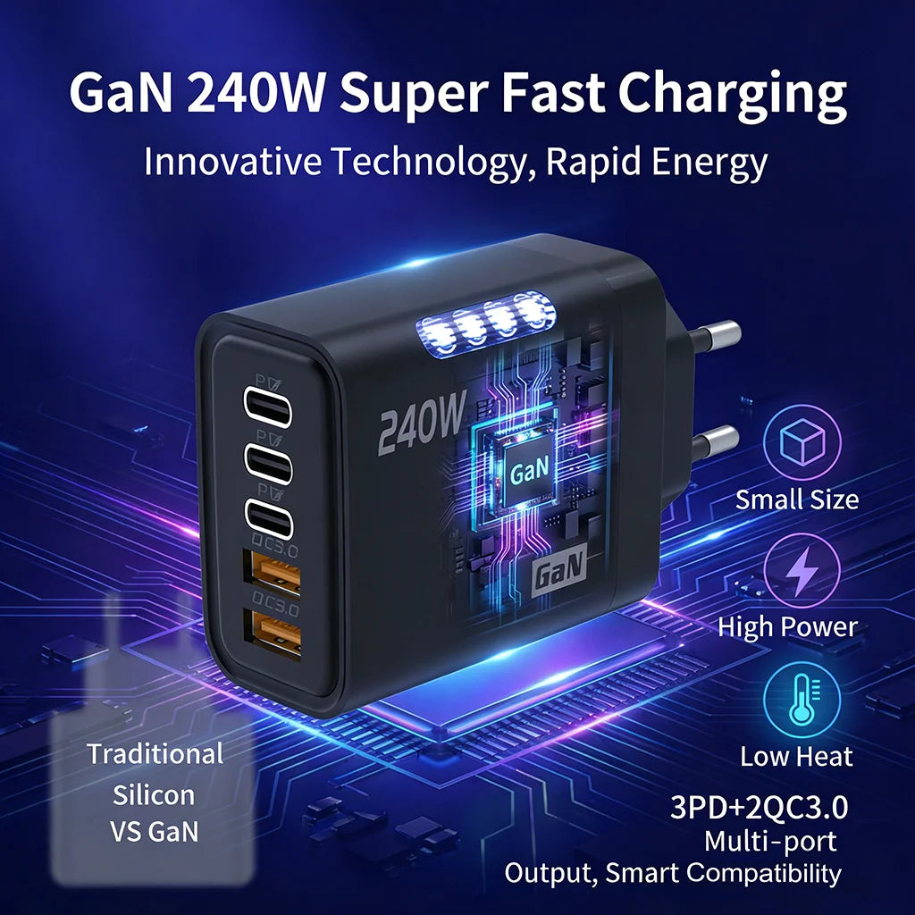 240W GaN Charger 5-in-1 3USB-C PD and 2USB-A QC3.0 Fast Charging for iPhone 16 17 Samsung S25 S24 Xiaomi 15 16 17 Huawei Mate