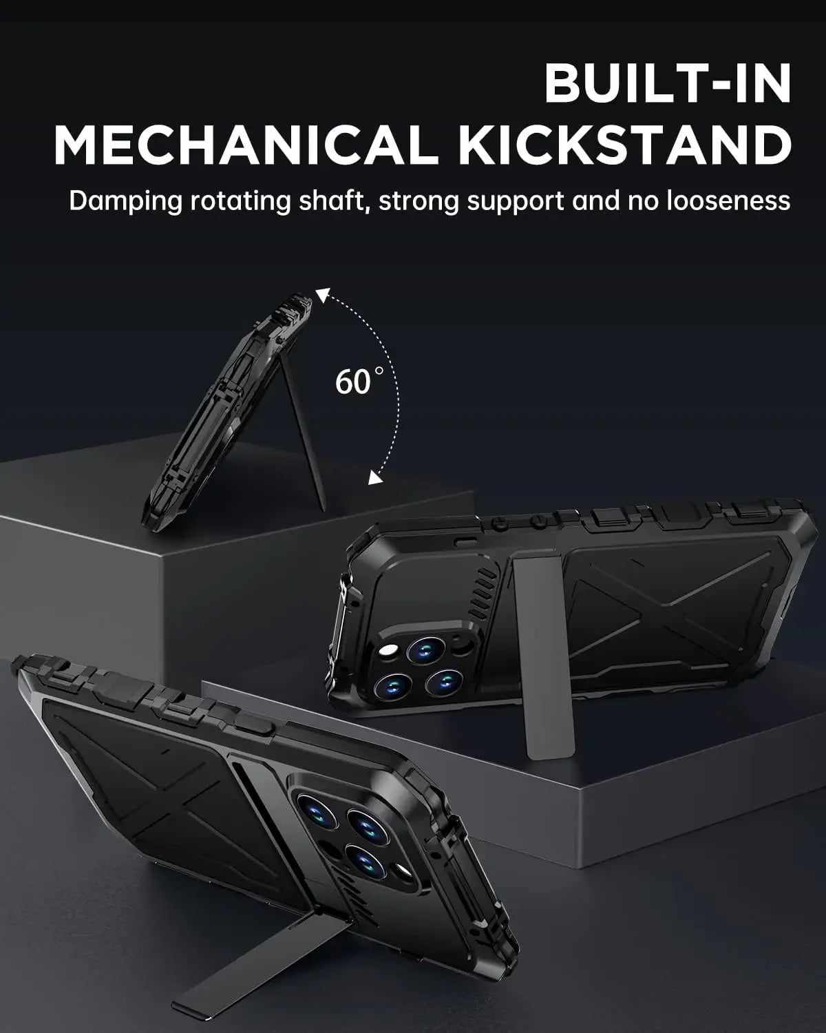 for iPhone 15 14 Pro Max Case Metal Military-Grade Built-in Kickstand & 9H Screen Protector Protective Rugged Heavy Duty Case