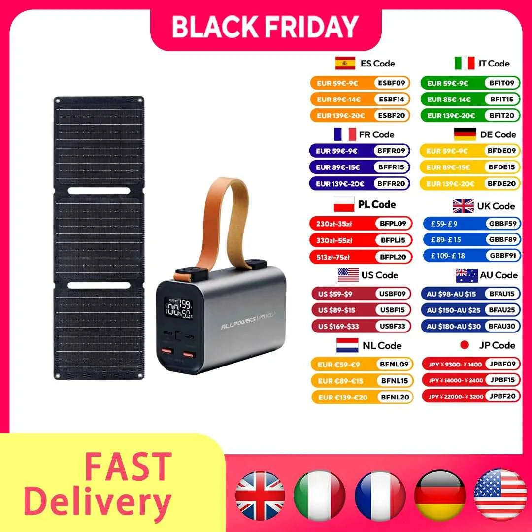 ALLPOWERS PB100 Powerbank and SP001 12V21W Solar Panel 24000mAh 4-Port Portable Charger with LED for Phone Laptop Camping travel