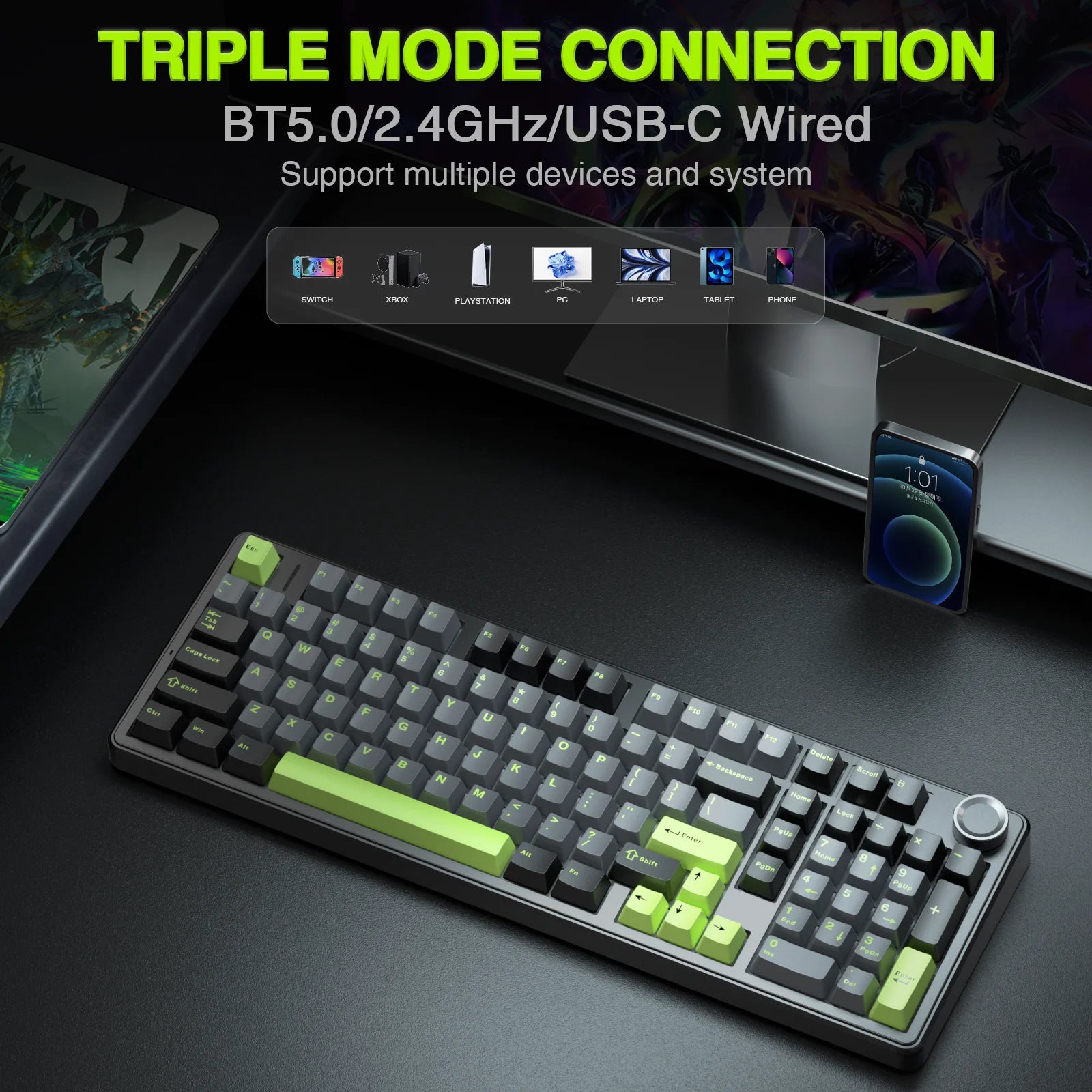 AULA F99pro Wireless Gaming Keyboard Gasket Structure Compatible with 3/5 Pins Hot-swap Mechanical Keyboard with Media Knob
