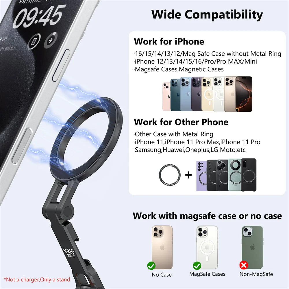 VRIG Magnetic Cold Shoe Mount Phone Holder W 1/4 Phone Tripod Mount for MagSafe iPhone 16 15 14 Samsung Camera Mic Light Monitor