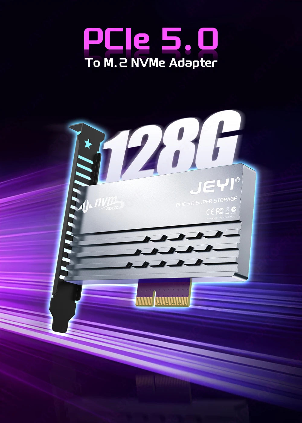 JEYI PCIe 5.0 to M.2 NVMe Adapter Card, High-Speed PCIe X4/X8/X16 to M2 SSD Converter with Cooling Heatsink for Gen5 SSD 128Gbps