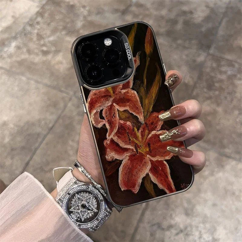 Vintage Lily Pattern Non-Slip Anti-Drip Tpu Phone Case for iPhone 16 15 14 13 12 11