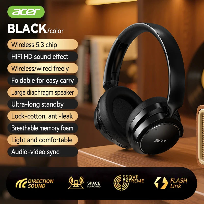 Acer Ohr560 Wireless Bluetooth Headset, Full-Ear Foldable Headphones with Built-In Microphone, Stereo Sound, Active Noise Reduction, Compatible with 3.5mm Audio Cable, Suitable for Work, Travel, and Gaming