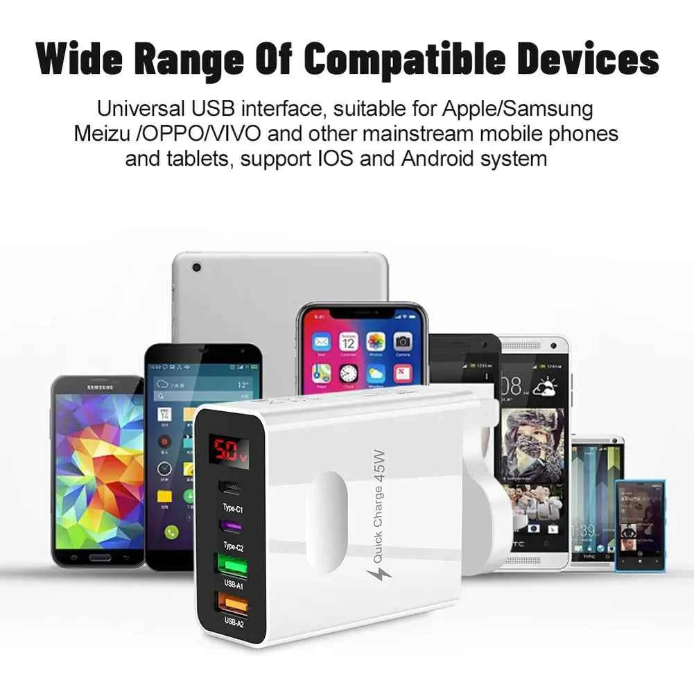 45W Multi Plug Wall Charger 2 Type-C 4 Ports Fast Charging Head Digital Display Quick Charger Head for iPhone 14 Xiaomi Samsung