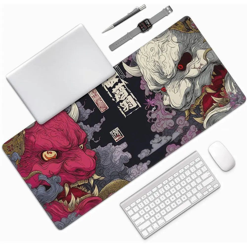 XXL Gaming Mouse Pad with Non-Slip Base, Waterproof & Stitched Edges, Japanese Demon Mask Design, 35.4x15.7 inches