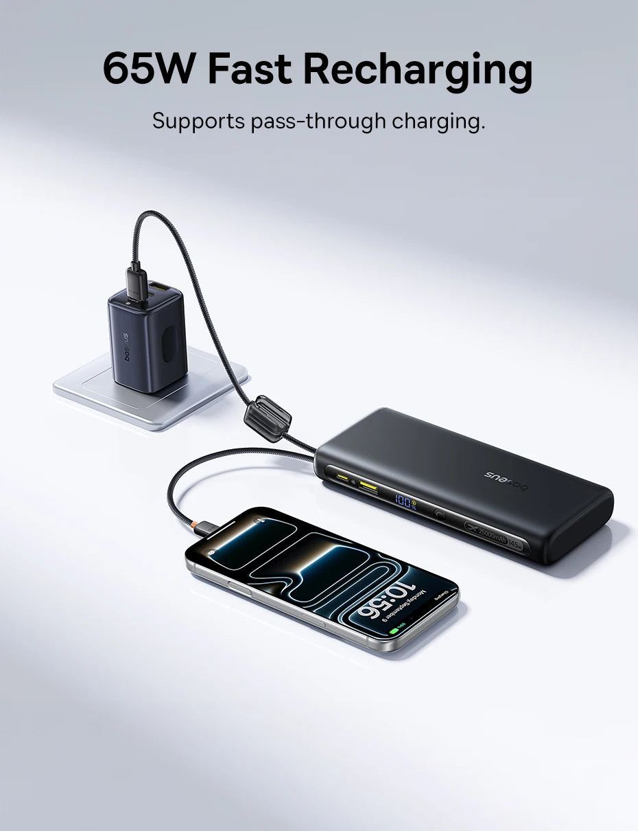 Baseus 145W Power Bank 25000mAh Fast Charging Built-In Type-C Cable Portable Battery Charger for iPhone Samsung MacBook Tablet