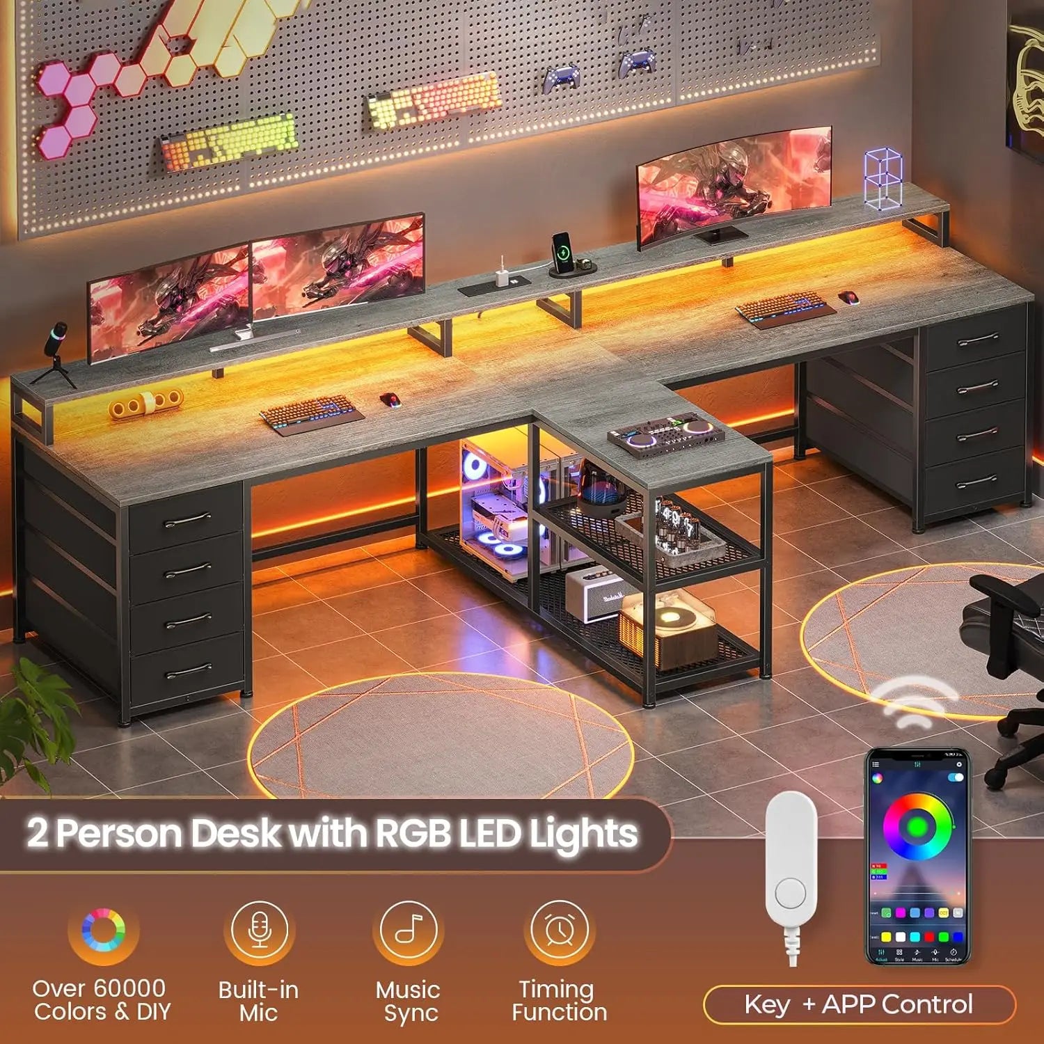 94.5in Double Gaming Desk 8 Drawer LED Storage Power Strip Monitor Stand Home Office , Custom