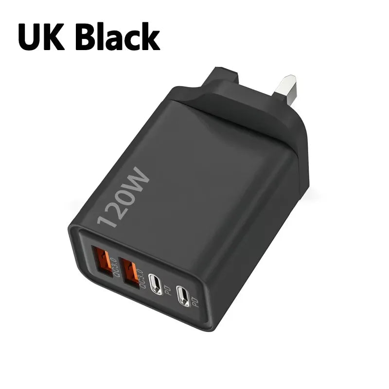 4 Ports 120W Charger USB C PD Quick Charge 3.0 Type C USB Phone Chargers Fast Charging Adapter For iPhone Samsung Xiaomi Huawei