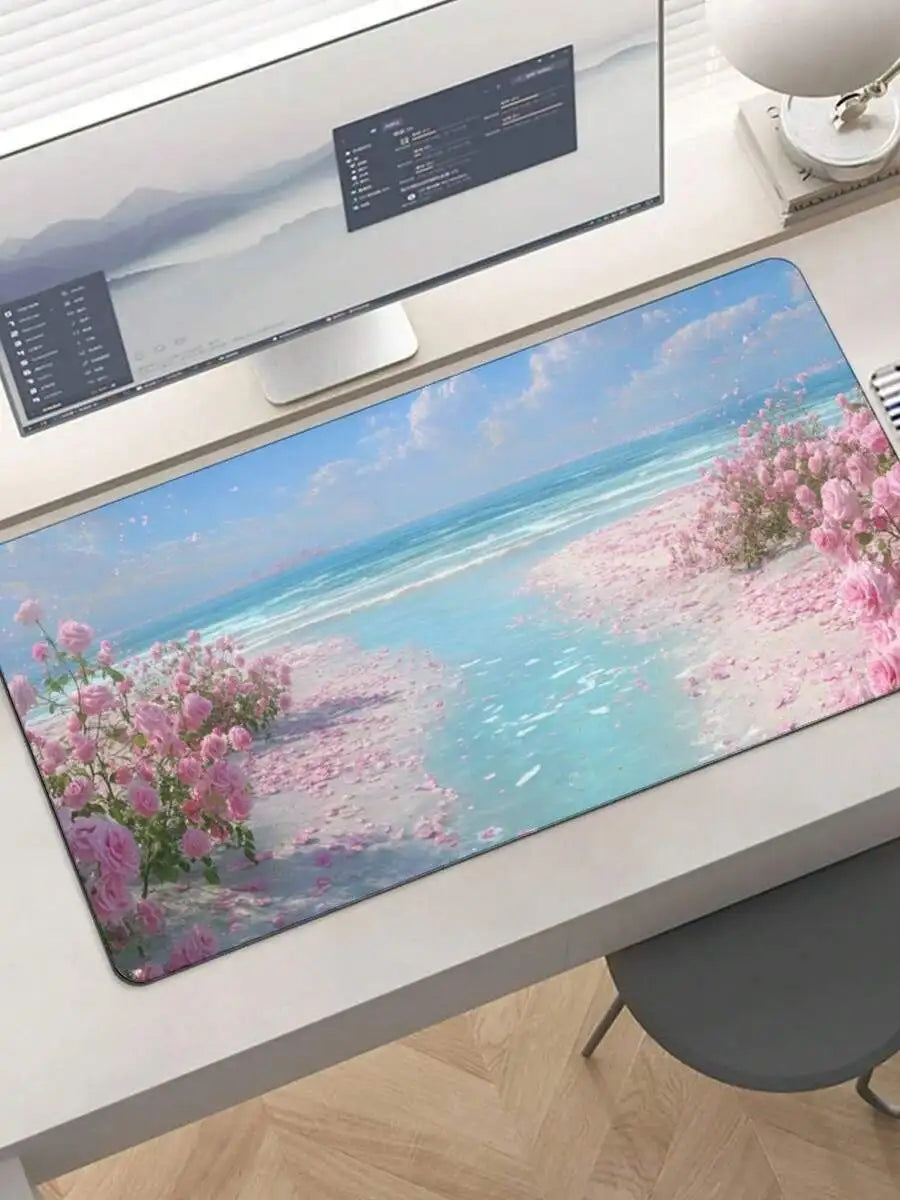 Pink Rose Beach Design Mouse Pad Anti-Slip Rubber Base Washable Gaming Desk Decor
